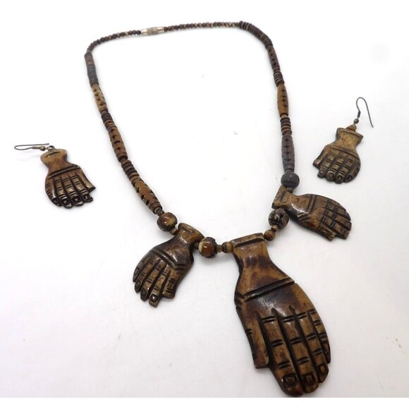 Unmarked Jewelry - African Hand Carved Wood Necklace and Earing Set, Hands New